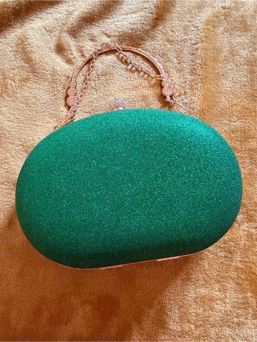 Green Peacock Crystal Evening Clutch with Gold Tone Chain